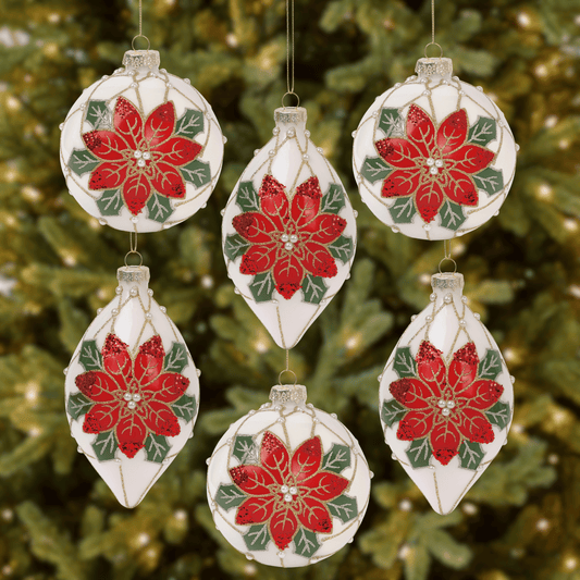 Poinsettia Pearl 4” Ball & 6” Finial Glass Christmas Ornaments by Tinsel Traditions - Set of 6