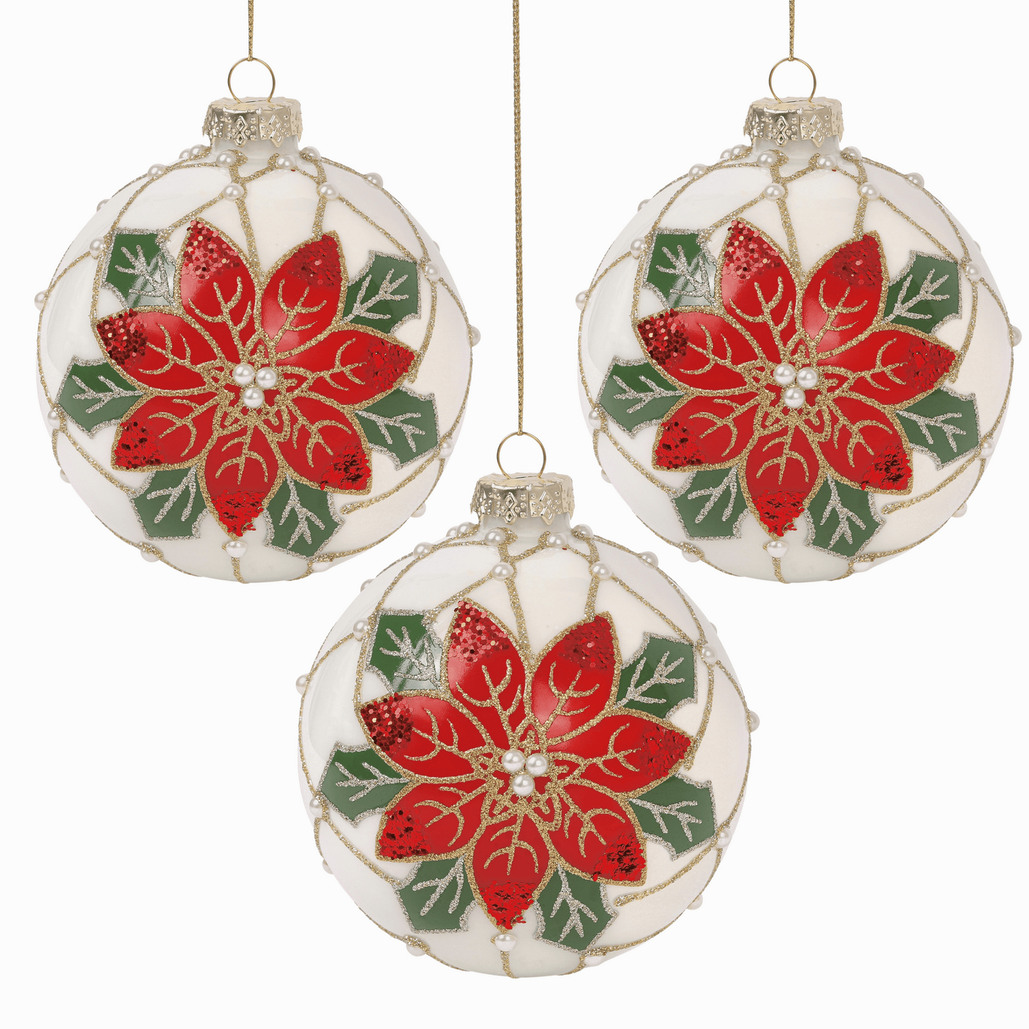 Poinsettia Pearl 4” Ball & 6” Finial Glass Christmas Ornaments by Tinsel Traditions - Set of 6