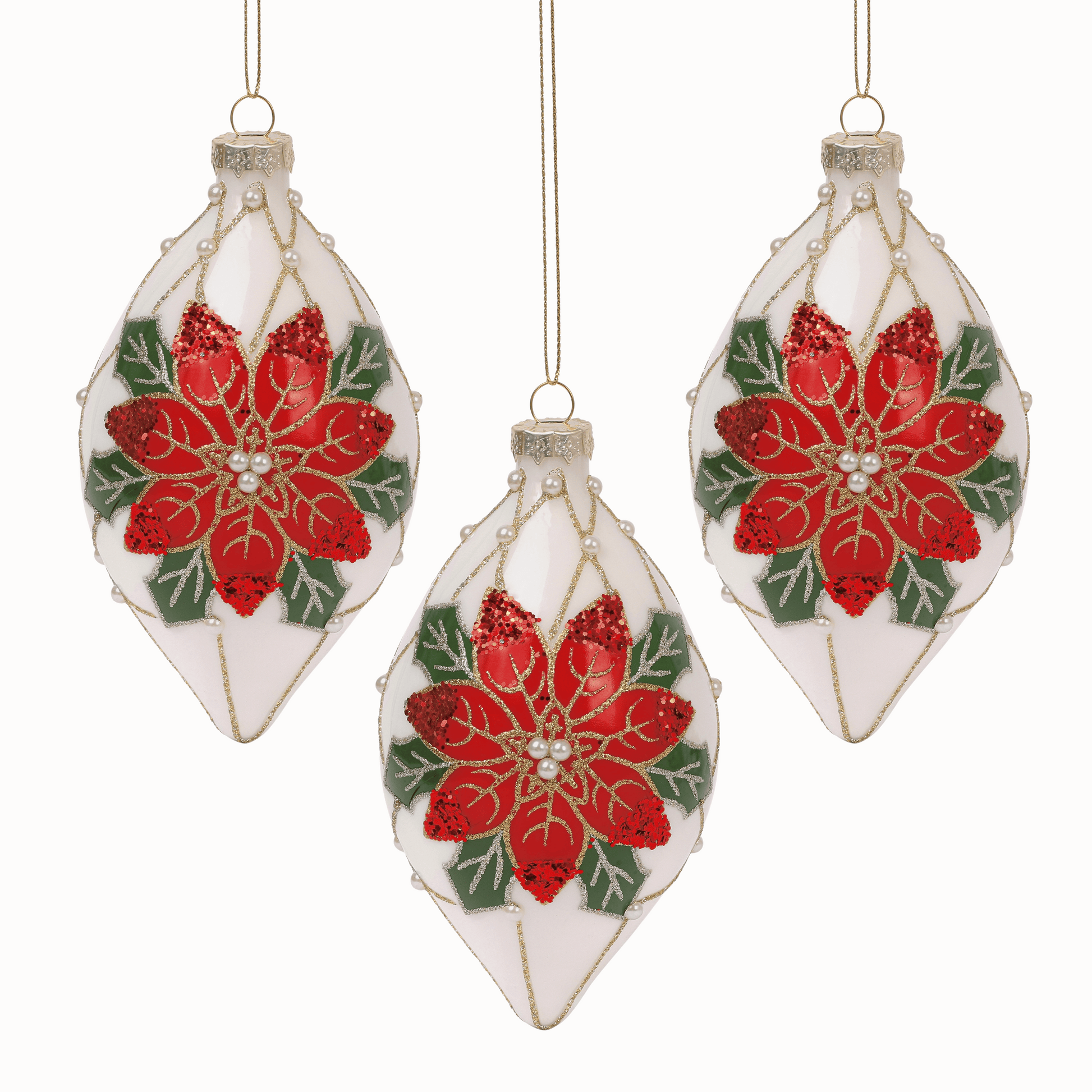 Poinsettia Pearl 4” Ball & 6” Finial Glass Christmas Ornaments by Tinsel Traditions - Set of 6