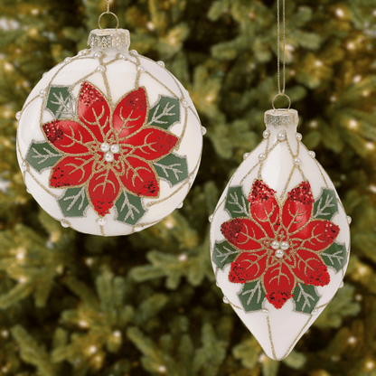 Poinsettia Pearl 4” Ball & 6” Finial Glass Christmas Ornaments by Tinsel Traditions - Set of 6