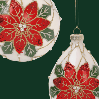 Poinsettia Pearl 4” Ball & 6” Finial Glass Christmas Ornaments by Tinsel Traditions - Set of 6