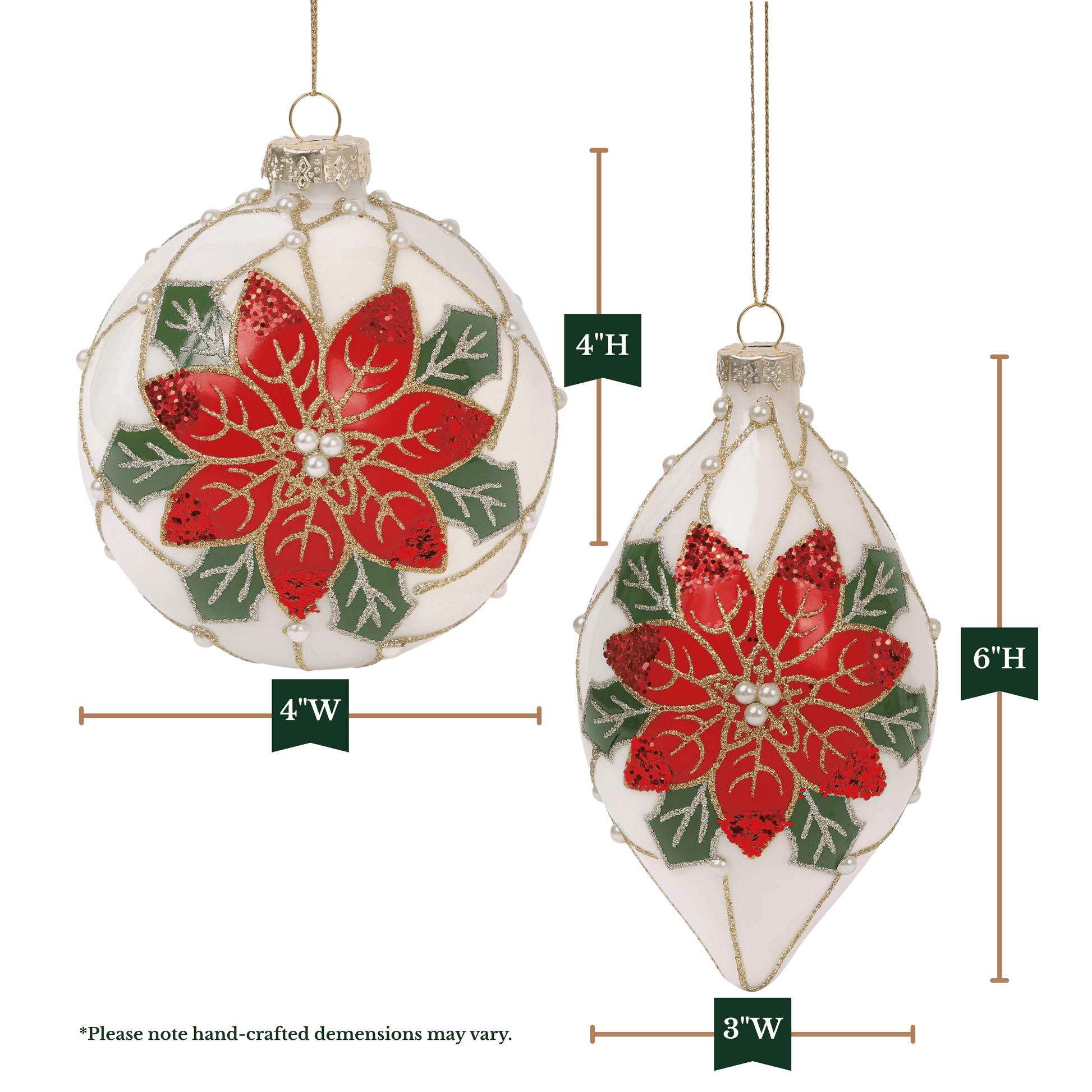 Poinsettia Pearl 4” Ball & 6” Finial Glass Christmas Ornaments by Tinsel Traditions - Set of 6