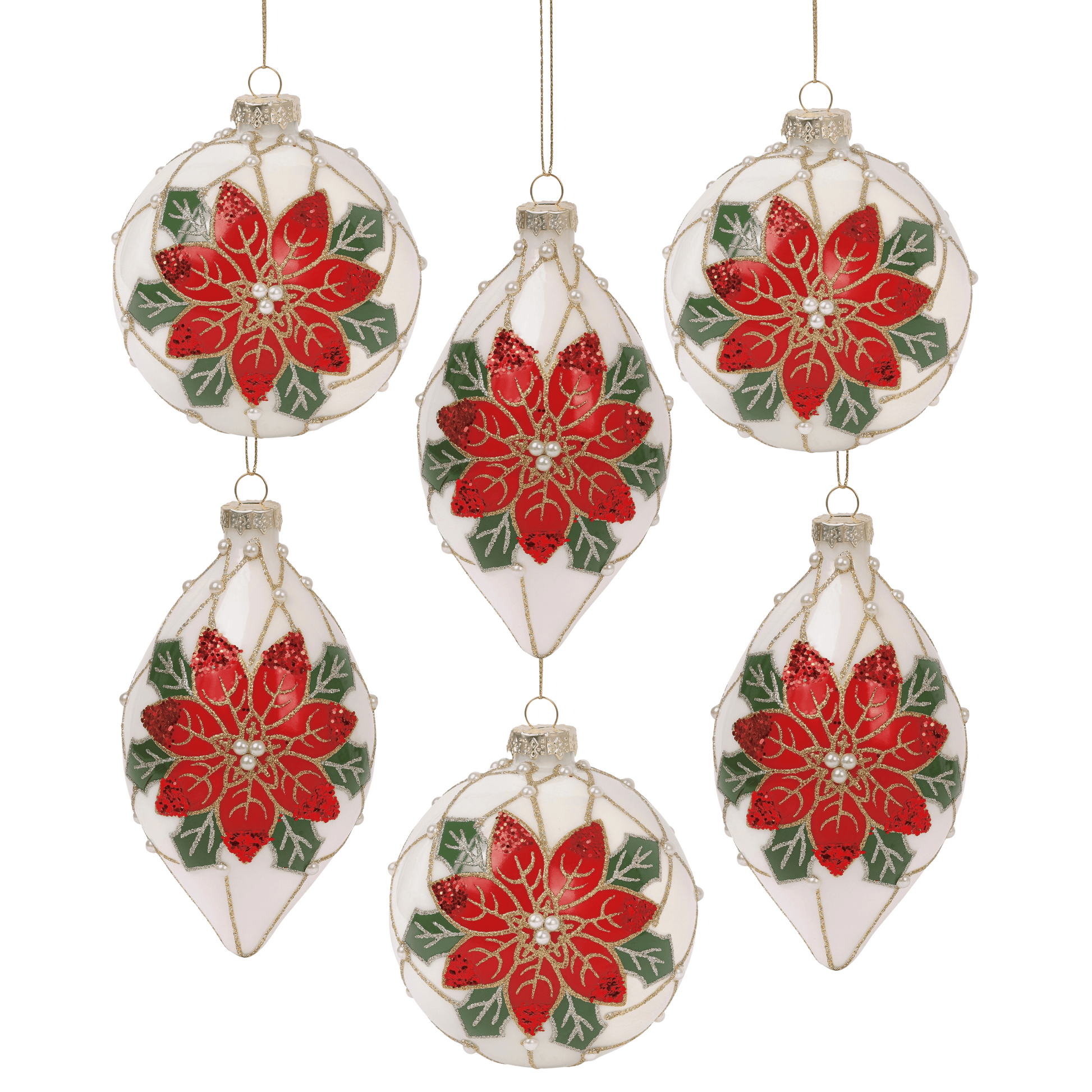 Poinsettia Pearl 4” Ball & 6” Finial Glass Christmas Ornaments by Tinsel Traditions - Set of 6
