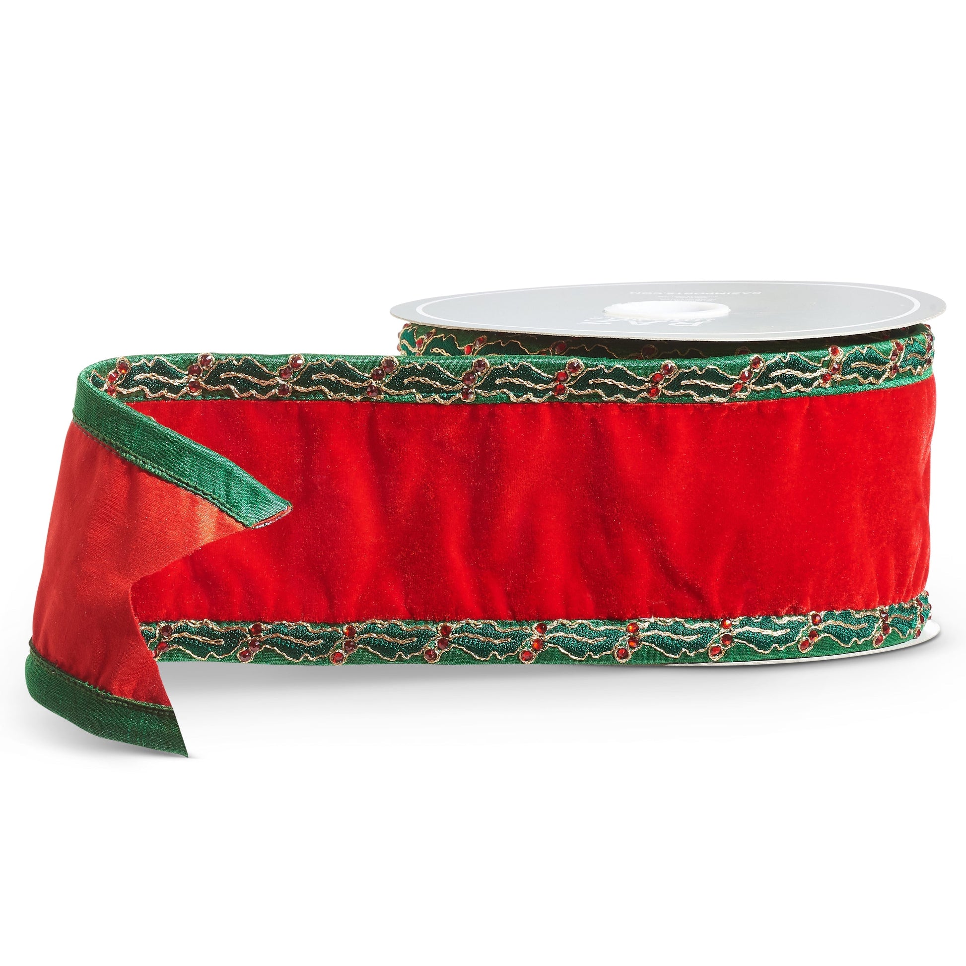 RAZ Imports Red Velvet Wired Christmas Ribbon with Jeweled Holly Trim, 4" X 10 Yards - 1 Roll