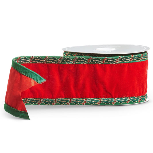 RAZ Imports Red Velvet Wired Christmas Ribbon with Jeweled Holly Trim, 4" X 10 Yards - 1 Roll