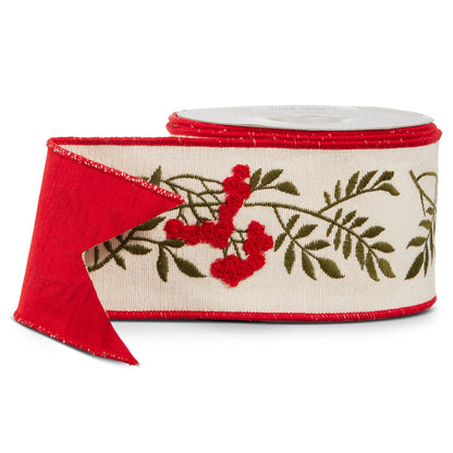 RAZ Imports Red Berry Christmas Stem Wired Christmas Ribbon, 4" X 5 Yards - 1 Roll