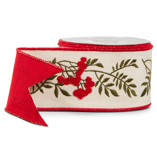 RAZ Imports Red Berry Christmas Stem Wired Christmas Ribbon, 4" X 5 Yards - 1 Roll