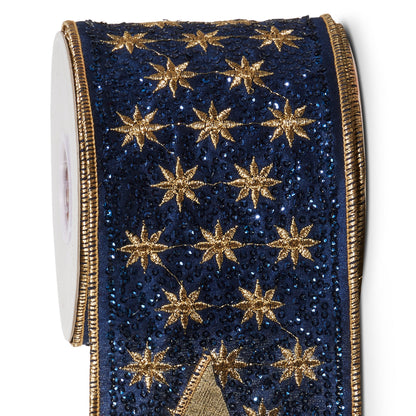 RAZ Imports Blue Celestial Wired Christmas Ribbon with Sequins, 4" X 10 Yards - 1 Roll
