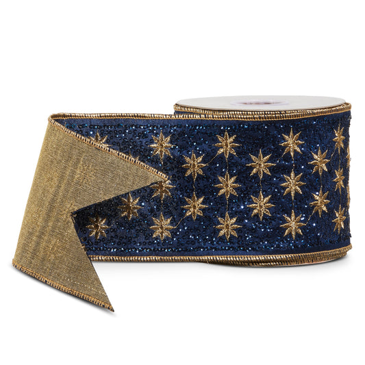 RAZ Imports Blue Celestial Wired Christmas Ribbon with Sequins, 4" X 10 Yards - 1 Roll