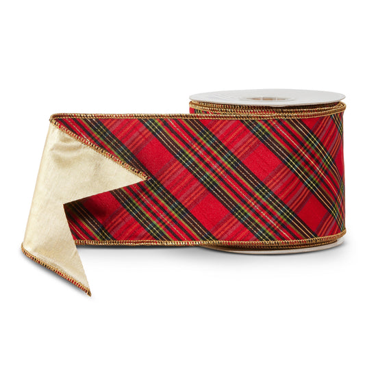 RAZ Imports Red Diagonal Plaid Wired Christmas Ribbon, 4" X 10 Yards - 1 Roll
