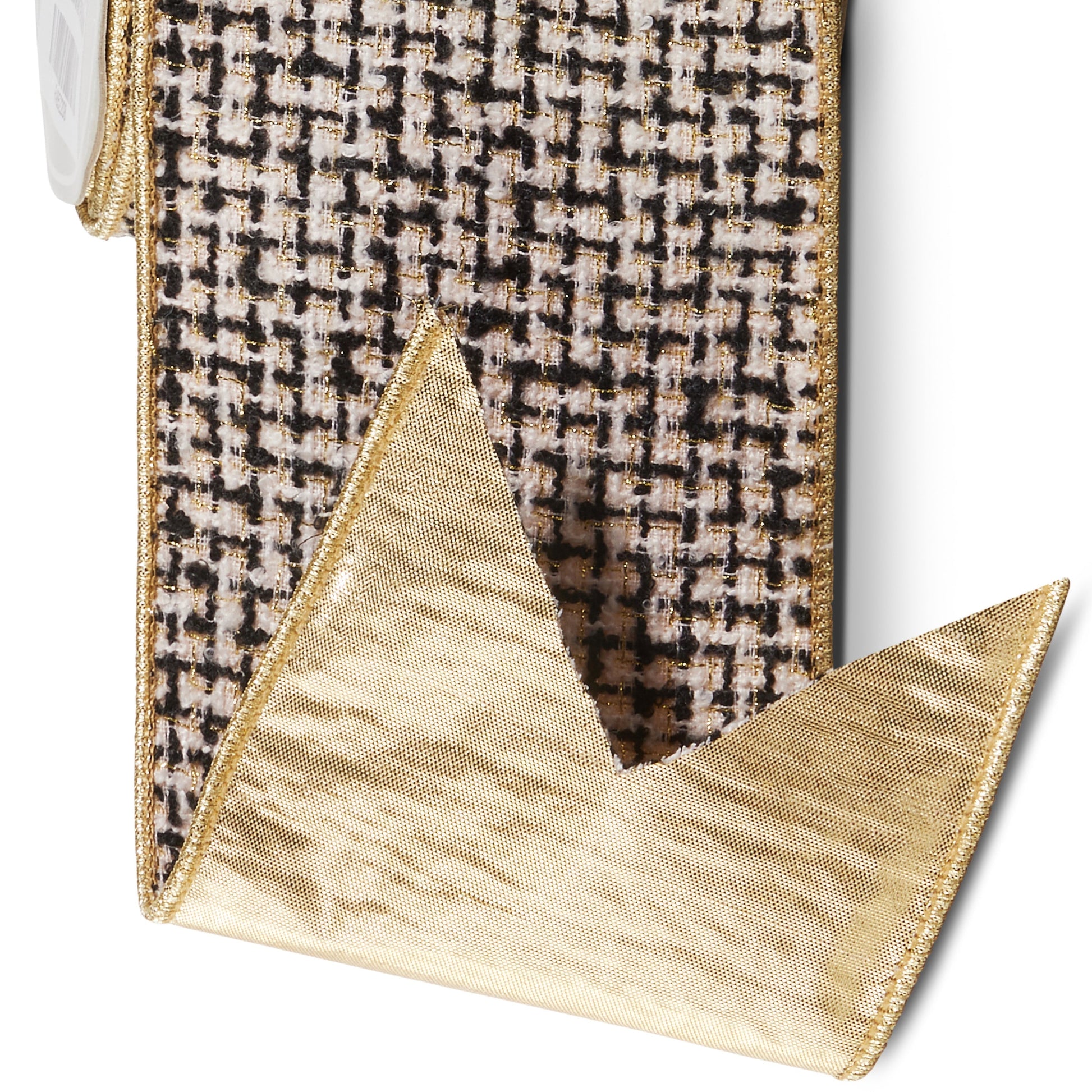 RAZ Imports Black and White Tweed Wired Christmas Ribbon with Gold Trim, 4" X 10 Yards - 1 Roll