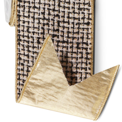 RAZ Imports Black and White Tweed Wired Christmas Ribbon with Gold Trim, 4" X 10 Yards - 1 Roll