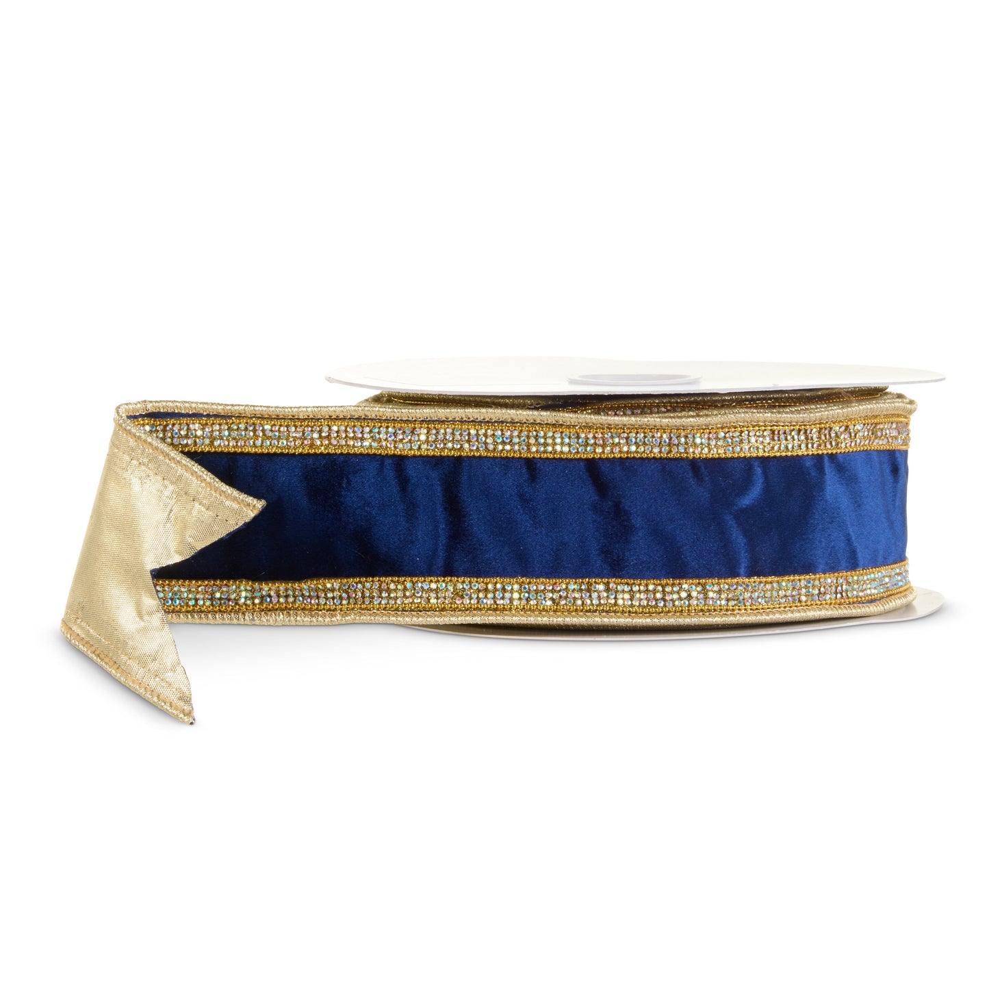 RAZ Imports Navy Blue Velvet and Gold Trim Wired Christmas Ribbon with Rhinestones, 2.5" X 5 Yards - 1 Roll
