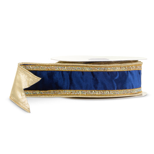 RAZ Imports Navy Blue Velvet and Gold Trim Wired Christmas Ribbon with Rhinestones, 2.5" X 5 Yards - 1 Roll