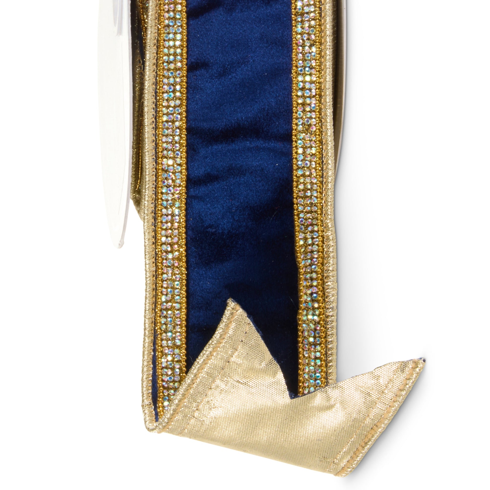 RAZ Imports Navy Blue Velvet and Gold Trim Wired Christmas Ribbon with Rhinestones, 2.5" X 5 Yards - 1 Roll