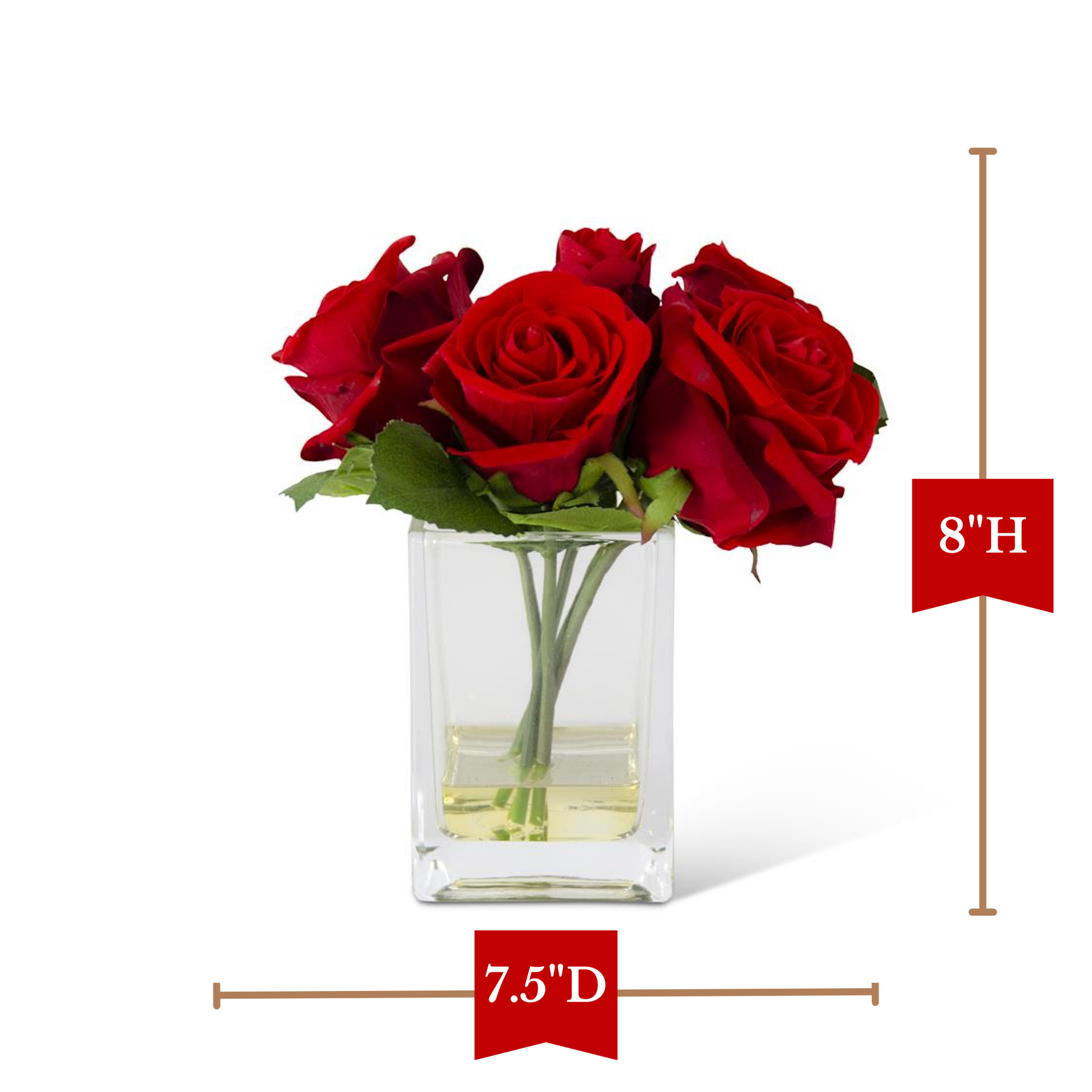 K&K Interiors 8" Real Touch Red Rose Flower Arrangement in Faux Water Glass Vase for Mother's Day