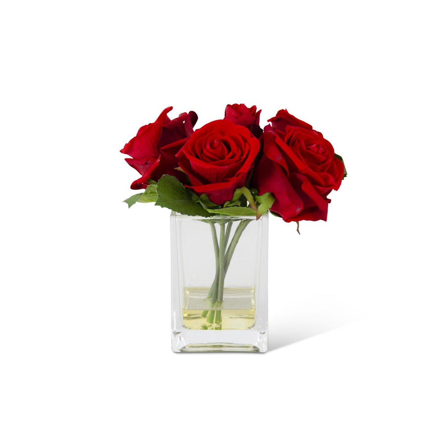 K&K Interiors 8" Real Touch Red Rose Flower Arrangement in Faux Water Glass Vase for Mother's Day