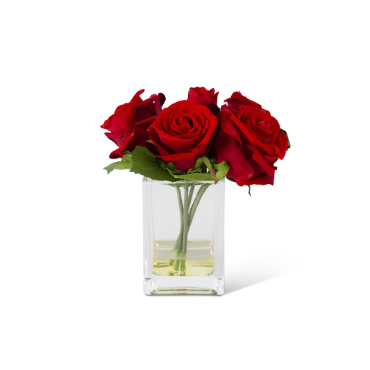 K&K Interiors 8" Real Touch Red Rose Flower Arrangement in Faux Water Glass Vase for Mother's Day
