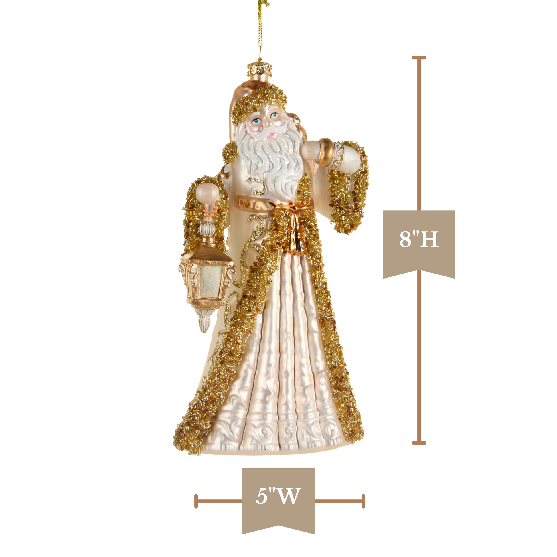 RAZ Imports 8" Ivory and Gold Santa with Lantern Glass Christmas Ornament