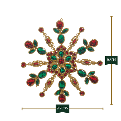 RAZ Imports 9.5" Red and Green Jeweled Gold Snowflake Ornament