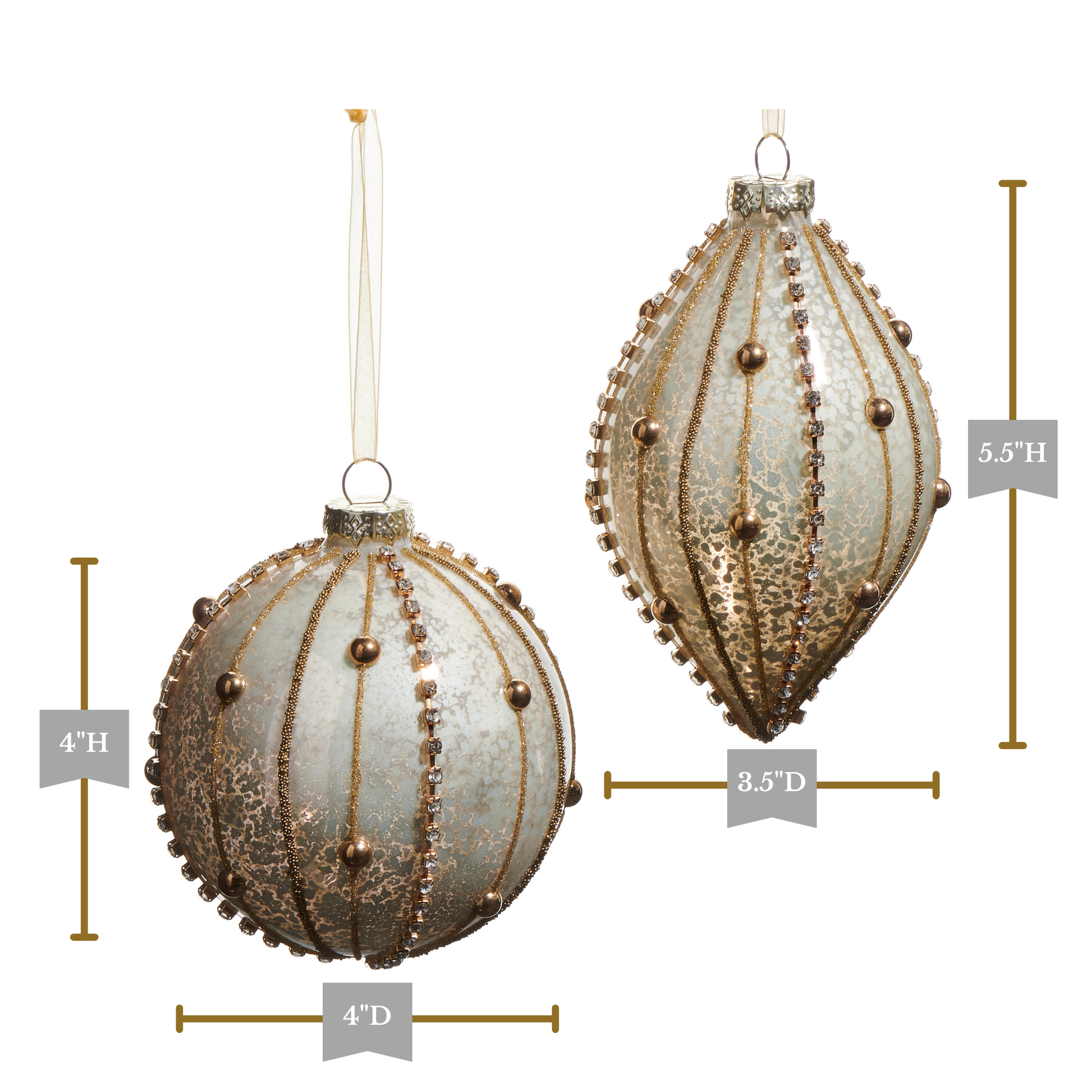 RAZ Imports 4" Beaded Rhinestone Mercury Glass Ball and Finial Christmas Ornaments - Set of 2