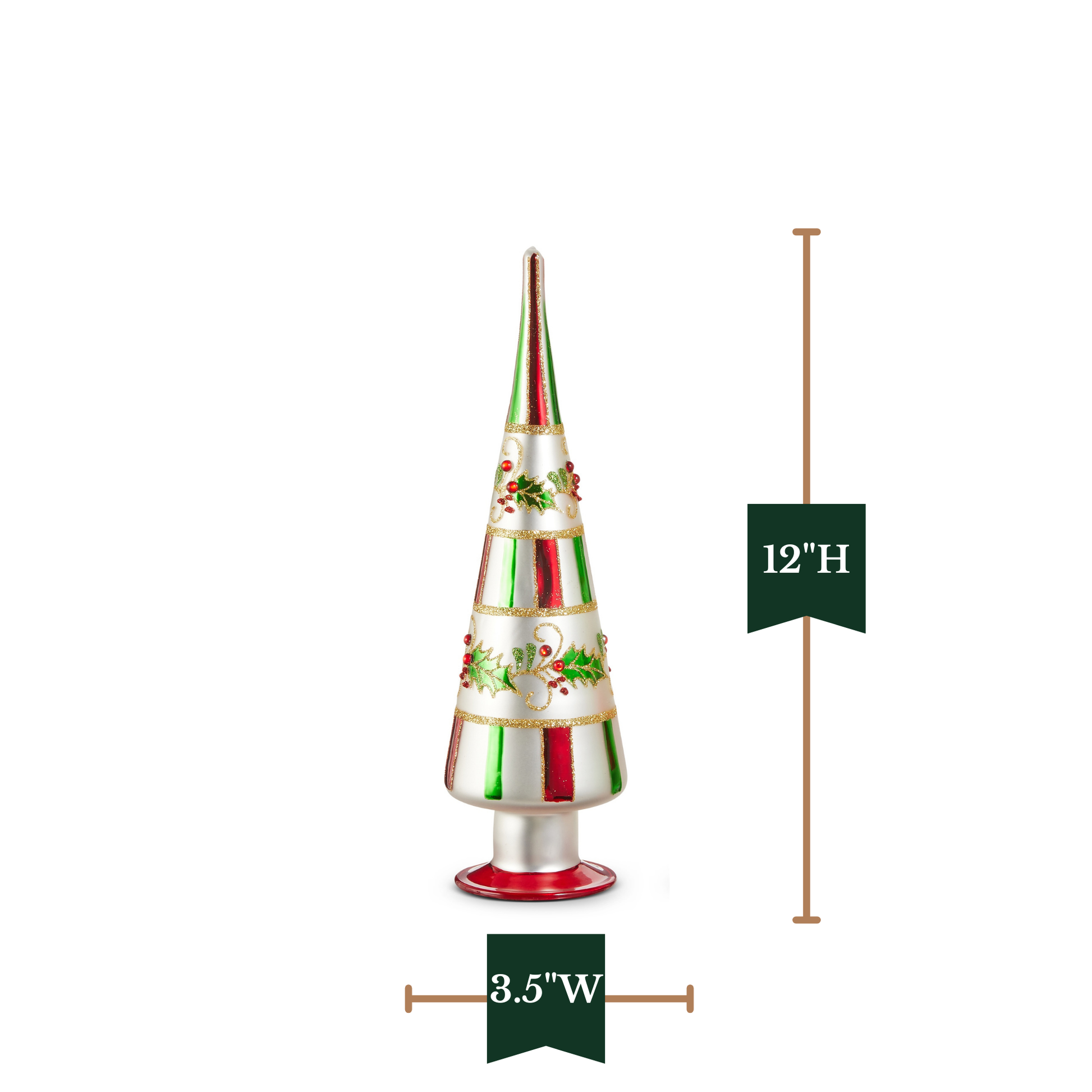RAZ Imports 15" and 12" Traditional Holly Striped Glass Finial Trees Christmas Decoration - Set of 2
