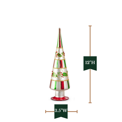 RAZ Imports 15" and 12" Traditional Holly Striped Glass Finial Trees Christmas Decoration - Set of 2