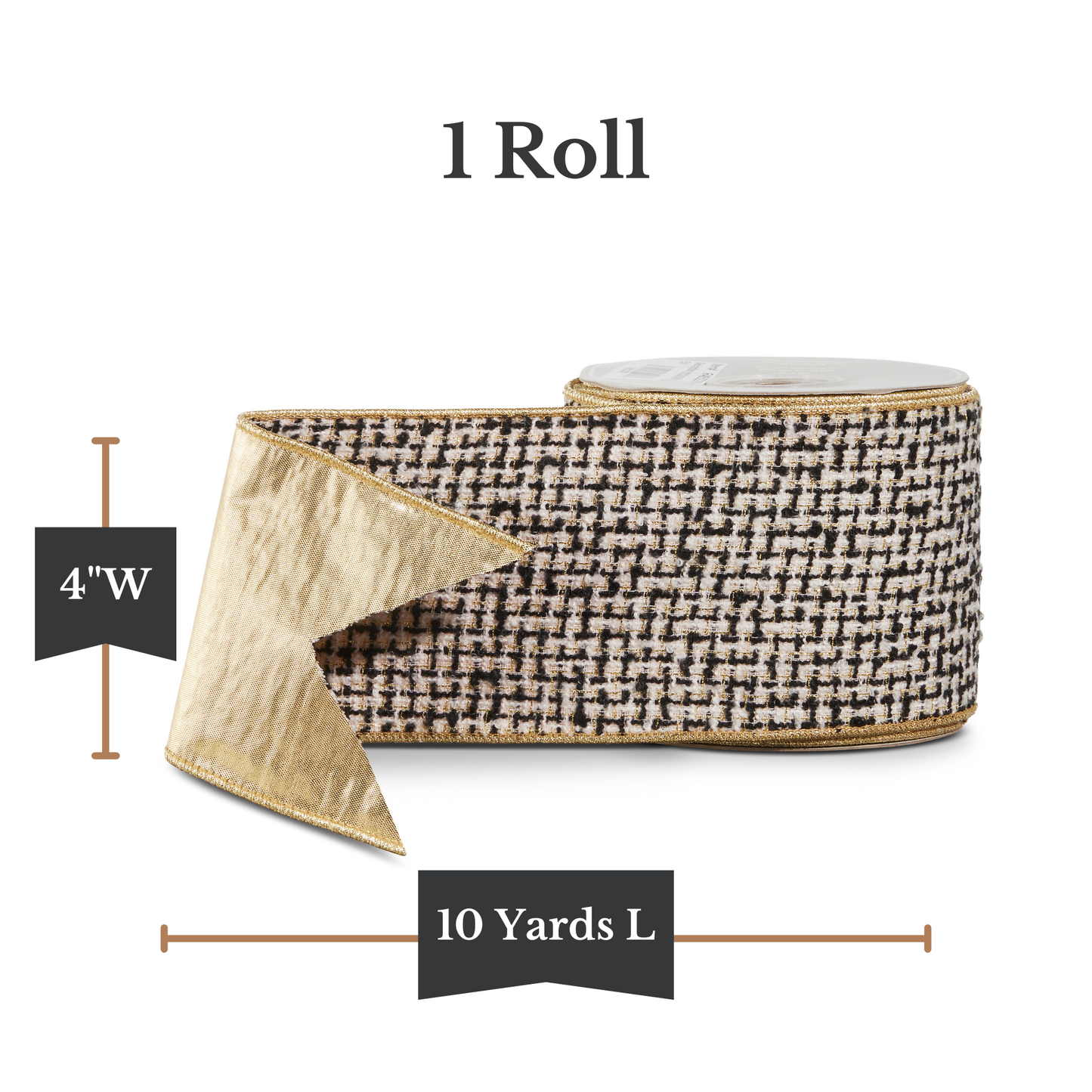 RAZ Imports Black and White Tweed Wired Christmas Ribbon with Gold Trim, 4" X 10 Yards - 1 Roll