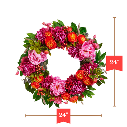 RAZ Imports 24" Pink Peony and Orange Ranunculus Spring Wreath