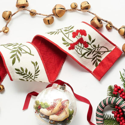 RAZ Imports Red Berry Christmas Stem Wired Christmas Ribbon, 4" X 5 Yards - 1 Roll