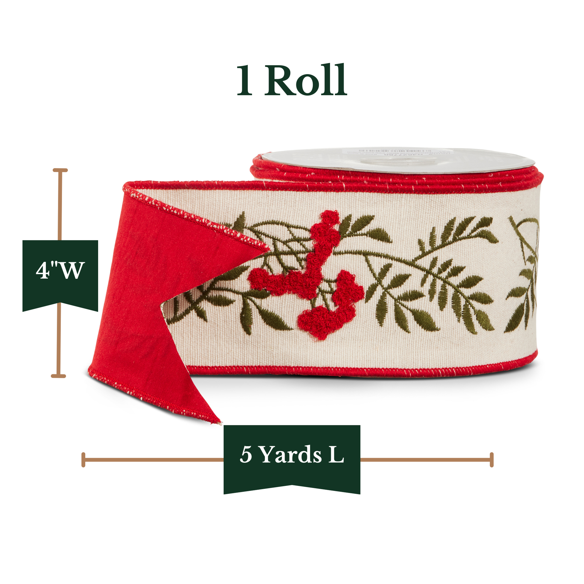 RAZ Imports Red Berry Christmas Stem Wired Christmas Ribbon, 4" X 5 Yards - 1 Roll