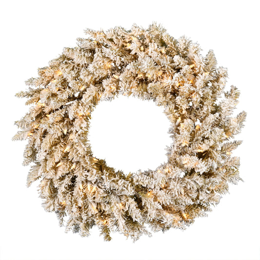 24" Flocked Gold Tinsel Fir Pre-lit Christmas Wreath with Warm White LED Lights by Vickerman